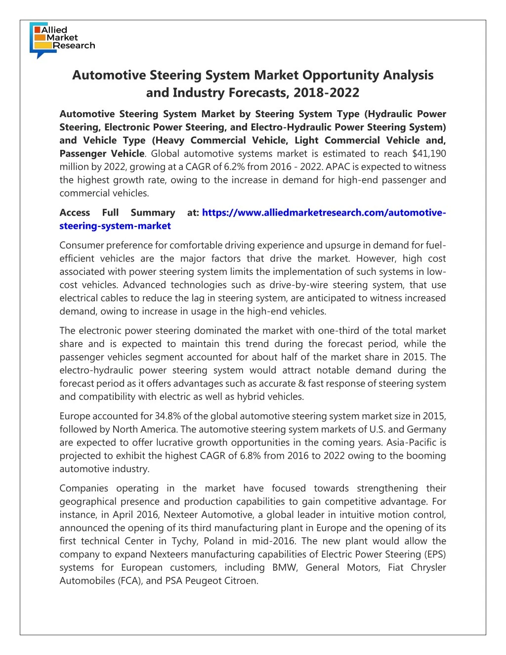 automotive steering system market opportunity