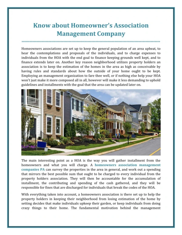 Know about Homeowner’s Association Management Company