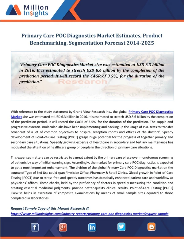 Primary Care POC Diagnostics Market Estimates, Product Benchmarking, Segmentation Forecast 2014-2025