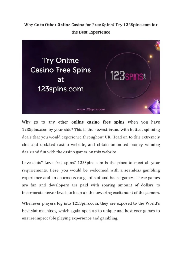 Why Go to Other Online Casino for Free Spins? Try 123Spins.com for the Best Experience