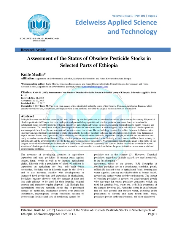 Assessment of the Status of Obsolete Pesticide Stocks in Selected Parts of Ethiopia