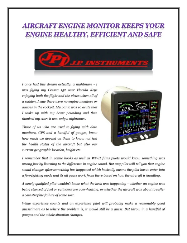 AIRCRAFT ENGINE MONITOR KEEPS YOUR ENGINE HEALTHY, EFFICIENT AND SAFE