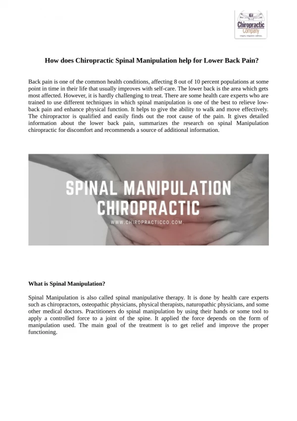 How does Chiropractic Spinal Manipulation help for Lower Back Pain?