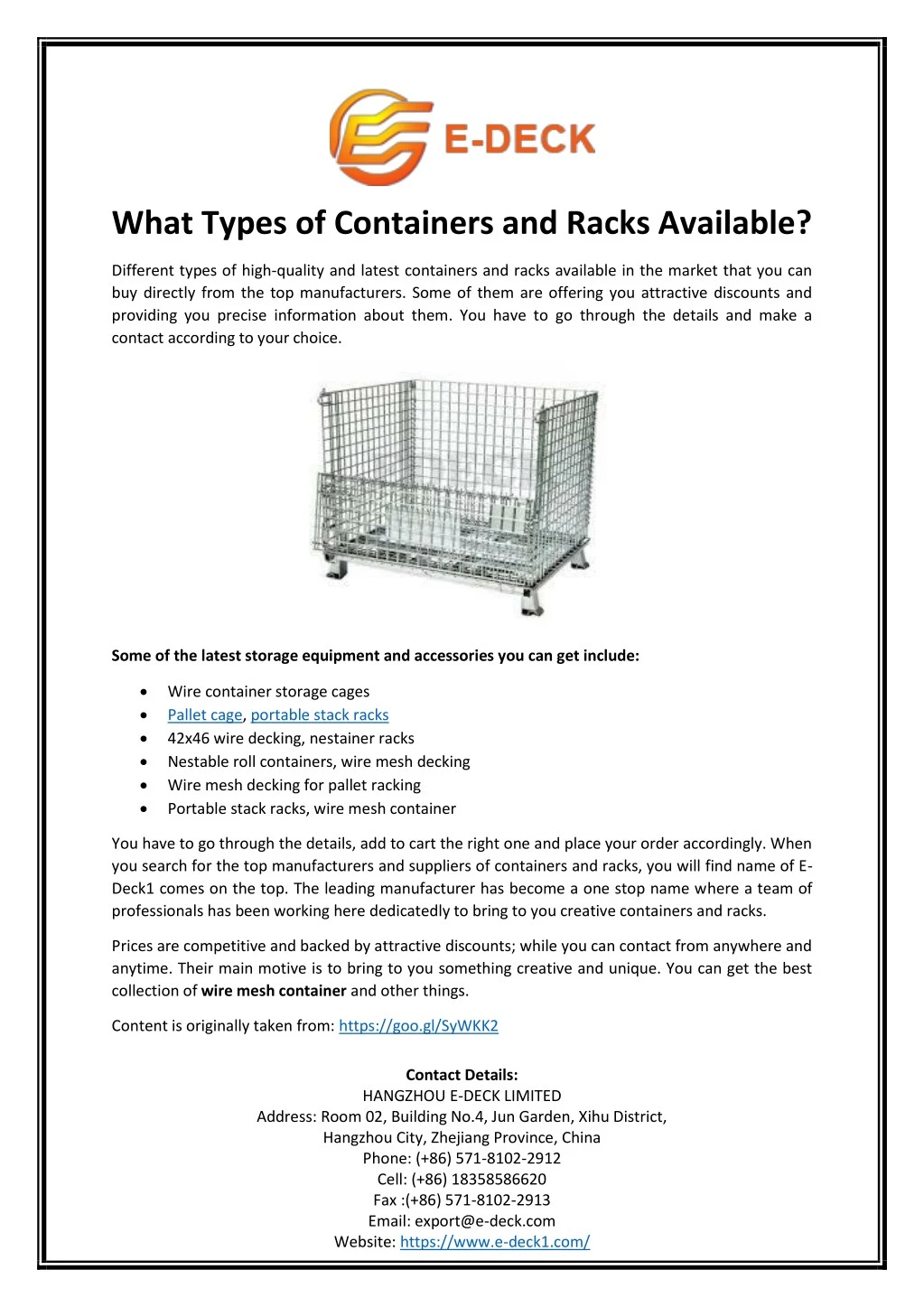 what types of containers and racks available