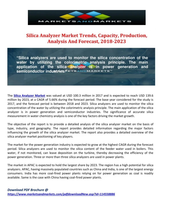 Silica Analyzer Market Trends, Capacity, Production, Analysis And Forecast, 2018-2023