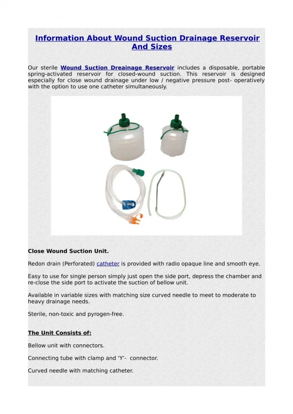 Information About Wound Suction Drainage Reservoir And Sizes