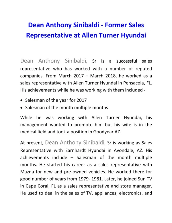 Dean Anthony Sinibaldi, Sr – Former Sales Representative at Allen Turner Hyundai