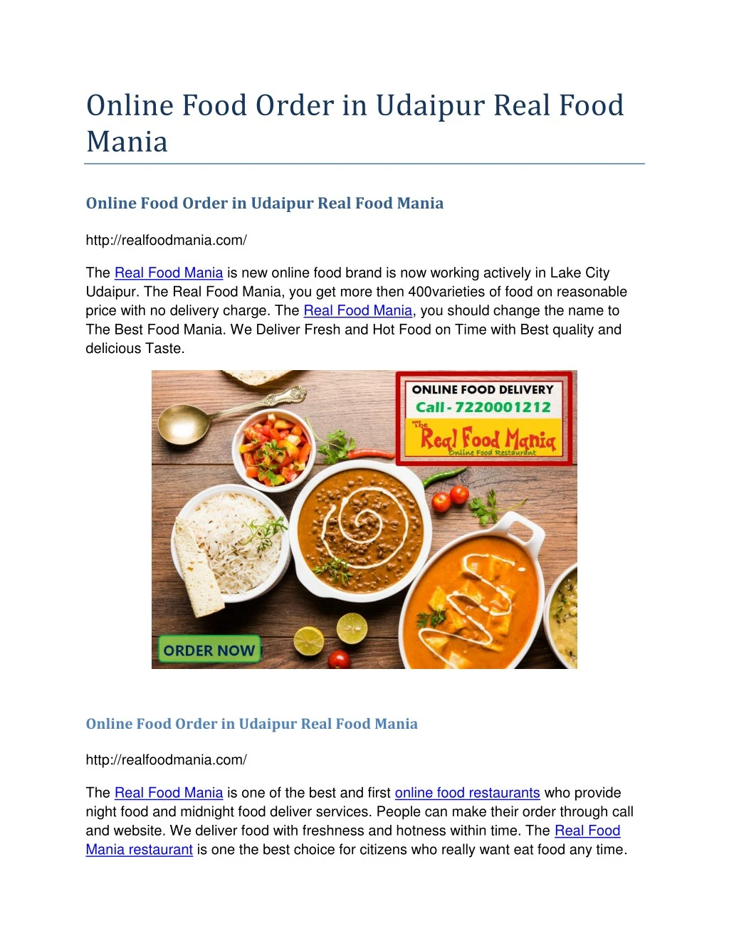 online food order in udaipur real food mania