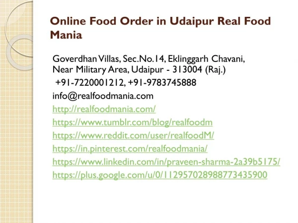 Online Food Order in Udaipur Real Food Mania