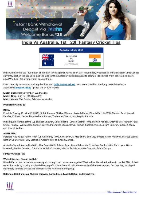 India Vs Australia, 1st T20I - Fantasy Cricket Tips