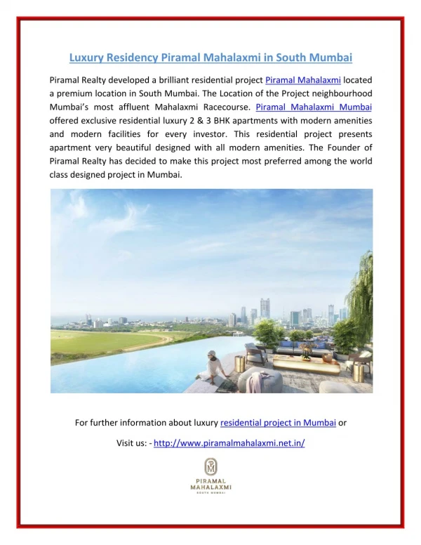 Ppt Piramal Mahalaxmi Mumbai Three Phenomenal Sea Facing Towers For