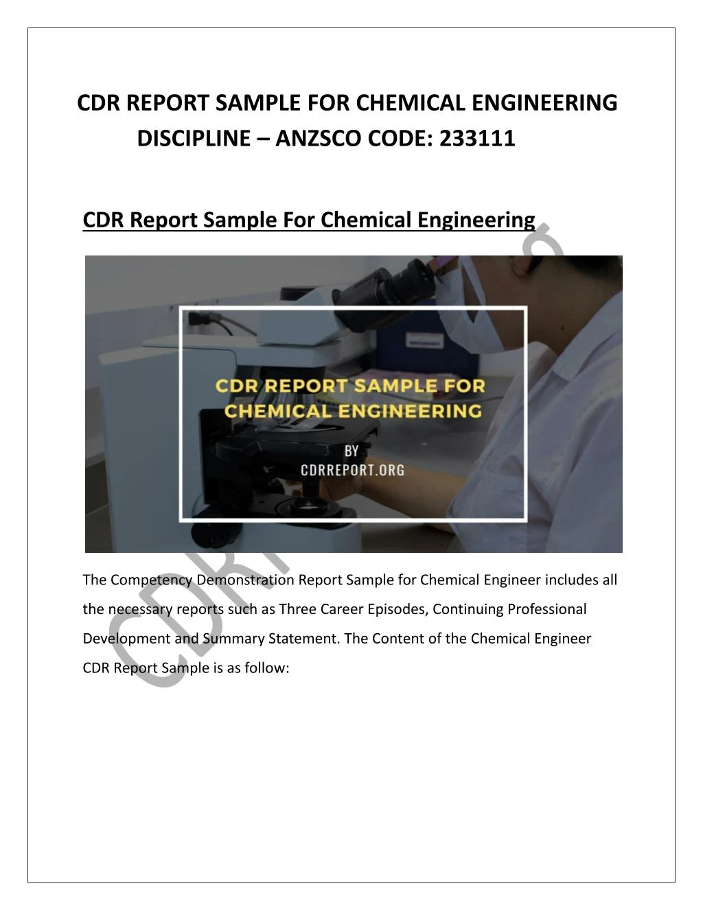 cdr report sample for chemical engineering discipline anzsco code 233111