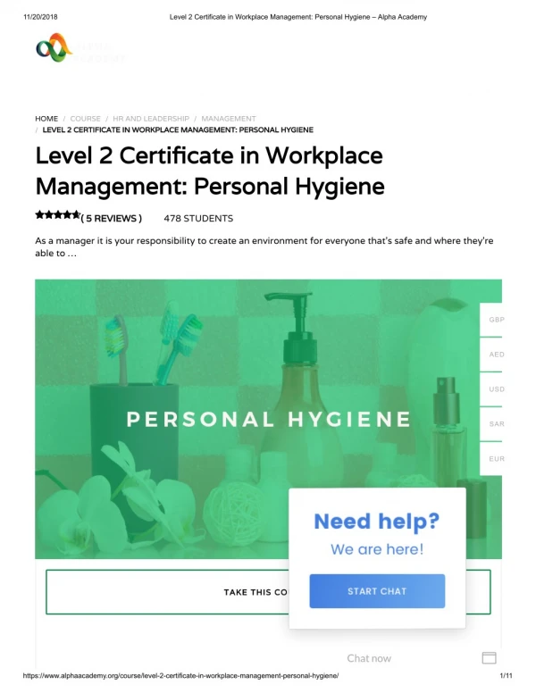 Level 2 Certificate in Workplace Management: Personal Hygiene - Alpha Academy