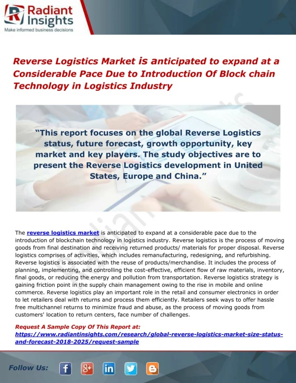 Reverse Logistics Market is anticipated to expand at a Considerable Pace Due to Introduction Of Block chain Technology i