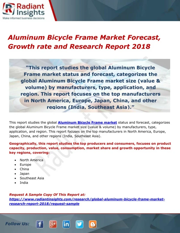 Aluminum Bicycle Frame Market Forecast, Growth rate and Research Report 2018