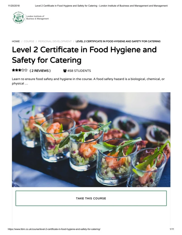 Level 2 Certificate in Food Hygiene and Safety for Catering - LIBM