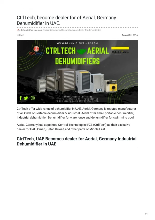 CtrlTech, become dealer for of Aerial, Germany Dehumidifier in UAE #Dehumidifier #CtrlTech4u #UAE #SaudiArabia