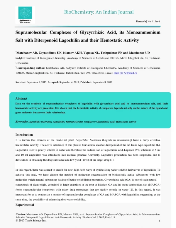 Supramolecular Complexes of Glycyrrhizic Acid, its Monoammonium Salt with Diterpenoid Lagochilin and their Hemostatic Ac