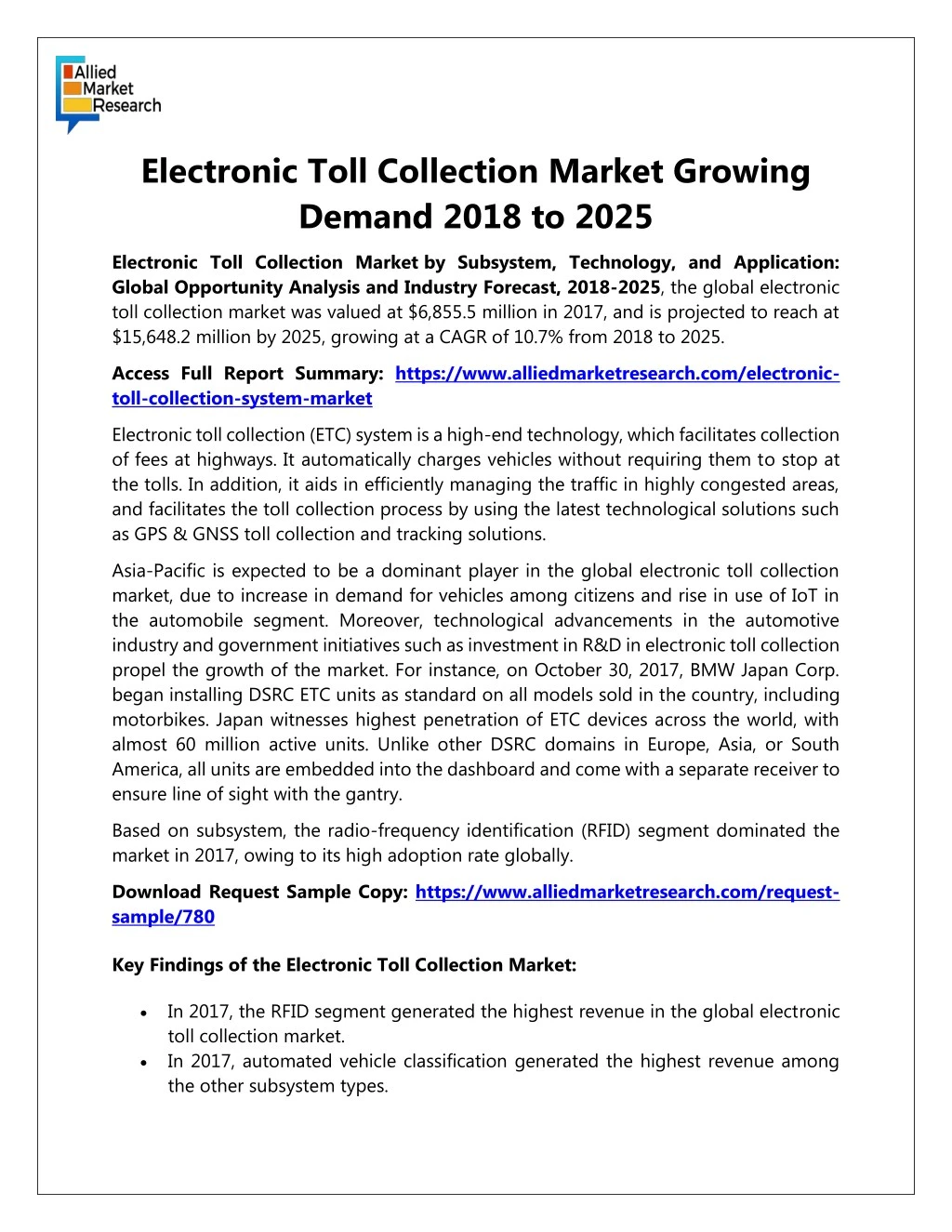 electronic toll collection market growing demand