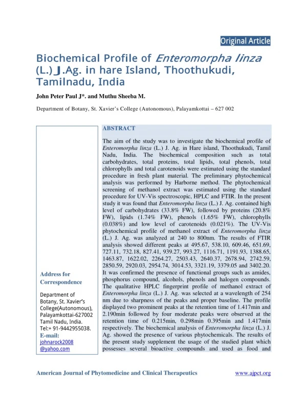Biochemical Profile of Enteromorpha linza (L.) J.Ag. in hare Island, Thoothukudi, Tamilnadu, India