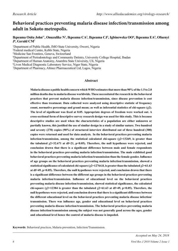 Behavioral practices preventing malaria disease infection/transmission among adult in Sokoto metropolis