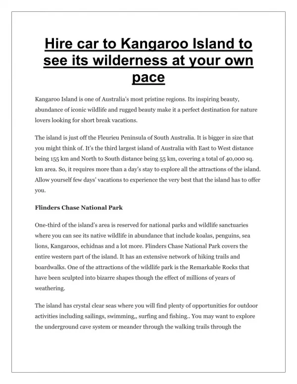 Hire car to Kangaroo Island to see its wilderness at your own pace
