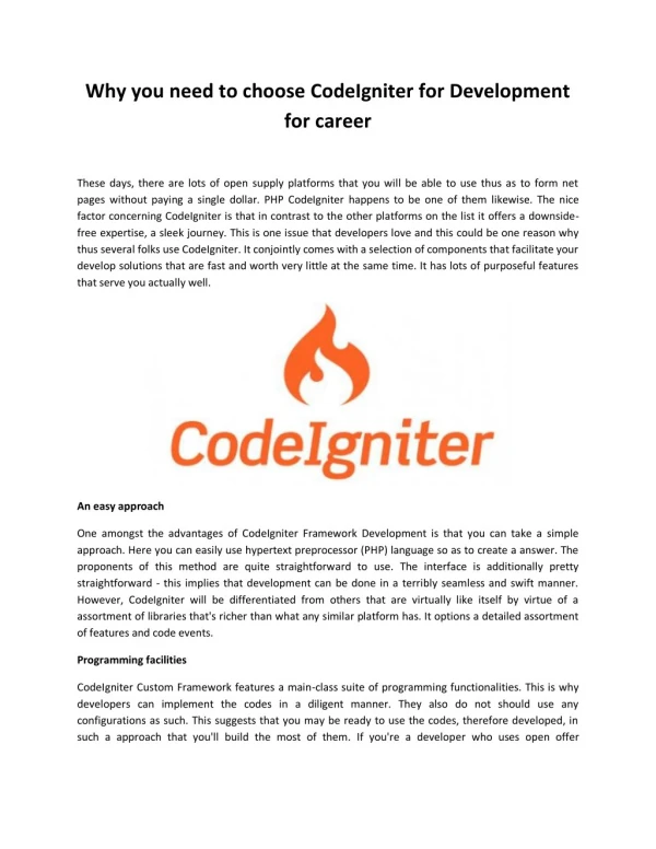 Why you need to choose CodeIgniter for Development for career