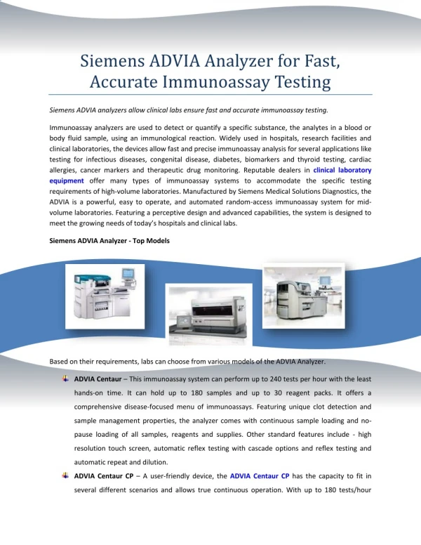 Siemens ADVIA Analyzer for Fast, Accurate Immunoassay Testing