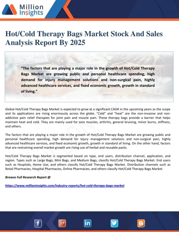 Hot/Cold Therapy Bags Market Stock And Sales Analysis Report By 2025