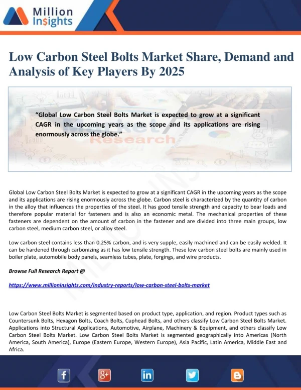 Low Carbon Steel Bolts Market Share, Demand and Analysis of Key Players By 2025