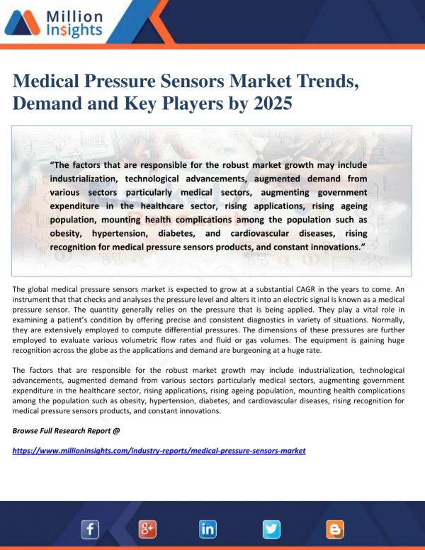 Medical Pressure Sensors Market Trends, Demand and Key Players by 2025