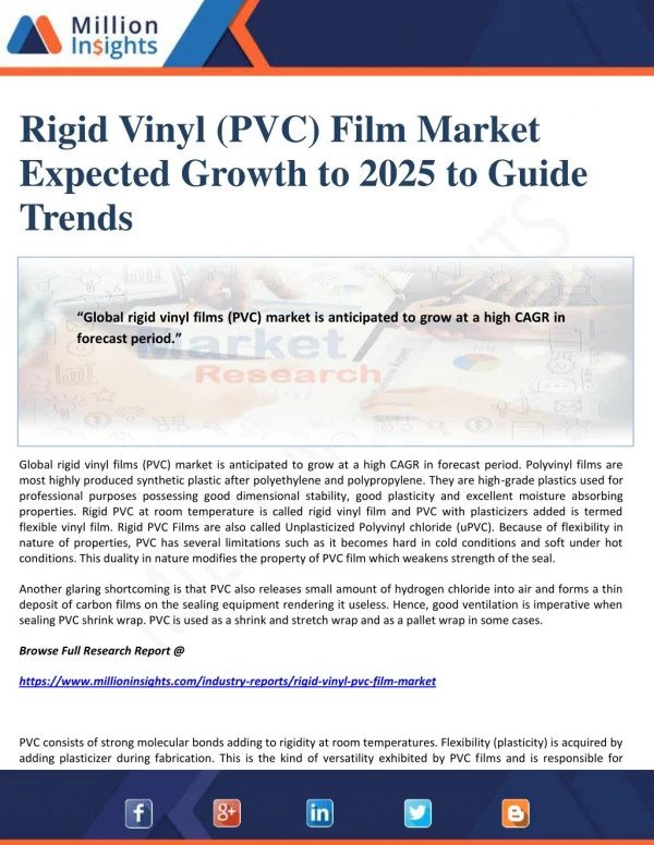 Rigid Vinyl (PVC) Film Market Expected Growth to 2025 to Guide Trends