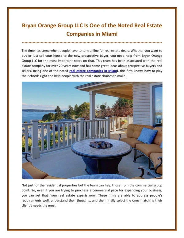 Bryan Orange Group LLC Is One of the Noted Real Estate Companies in Miami