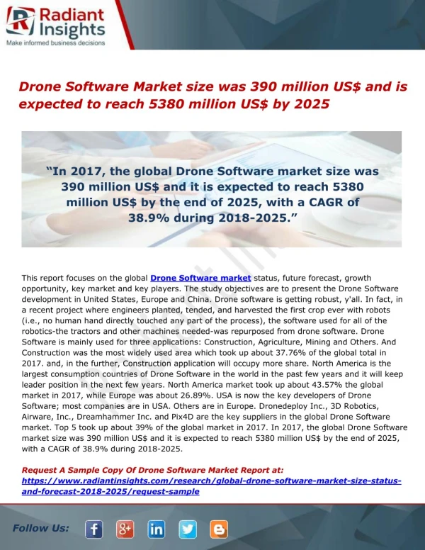 Drone Software Market size was 390 million US$ and is expected to reach 5380 million US$ by 2025