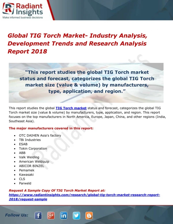 Global TIG Torch Market- Industry Analysis, Development Trends and Research Analysis Report 2018