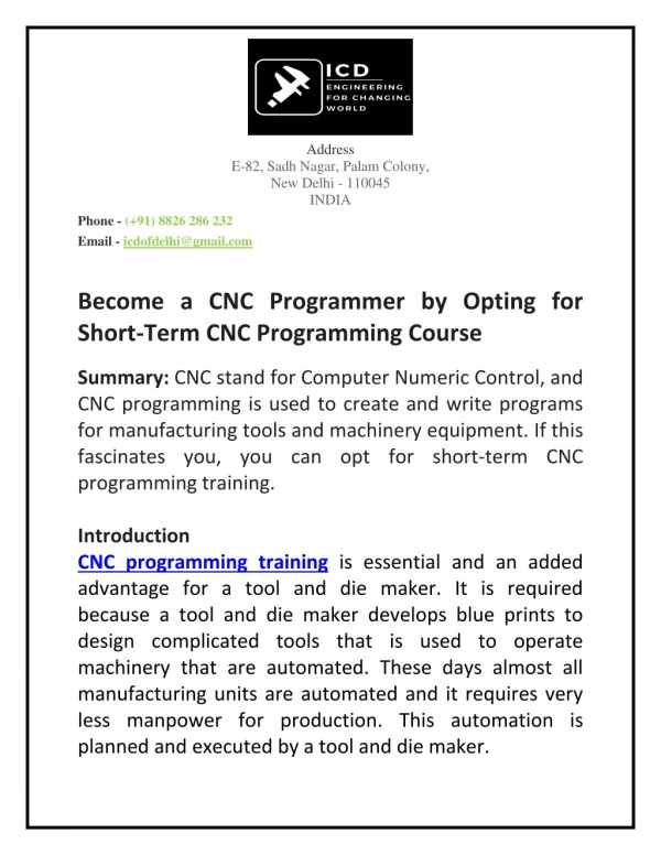Become a CNC Programmer by Opting for Short-Term CNC Programming Course