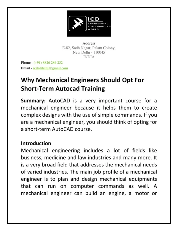 Why Mechanical Engineers Should Opt For Short-Term Autocad Training