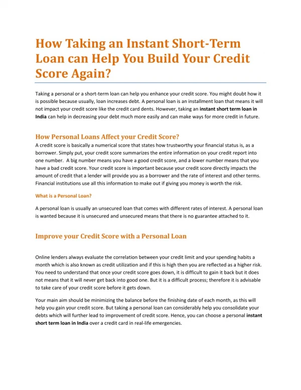 How Taking an Instant Short-Term Loan can Help You Build Your Credit Score Again