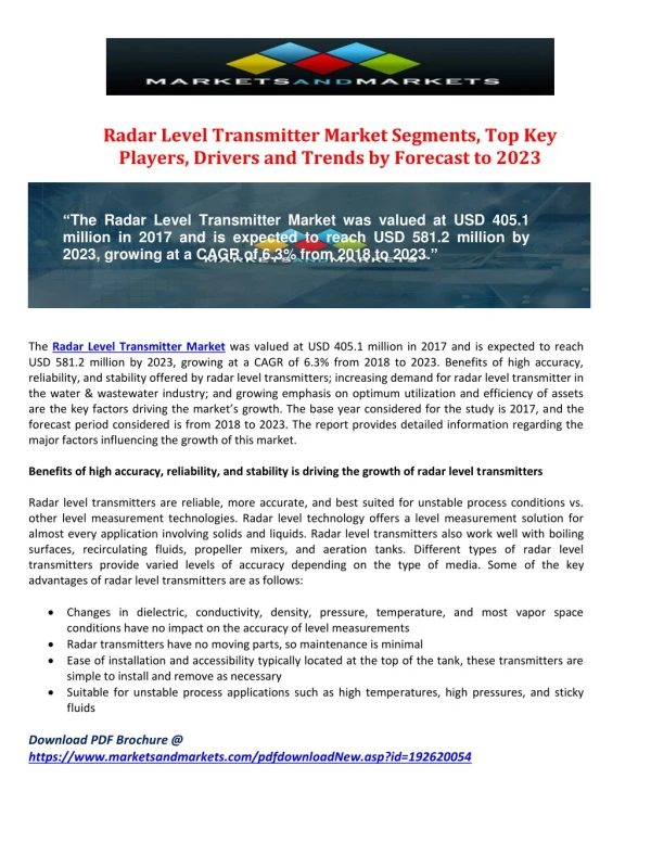 Radar Level Transmitter Market Segments, Top Key Players, Drivers and Trends by Forecast to 2023