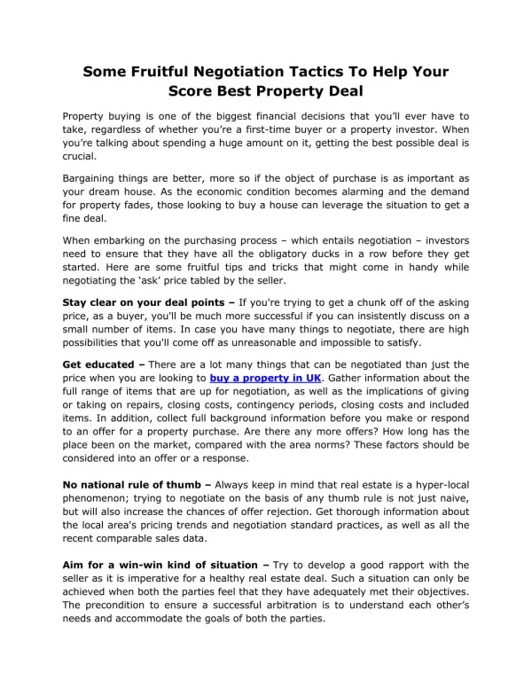 Some Fruitful Negotiation Tactics To Help Your Score Best Property Deal
