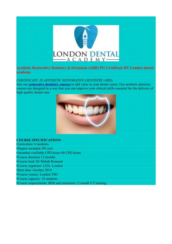 Aesthetic Restorative Dentistry & Occlusion (ARD) PG Certificate BY London dental academy