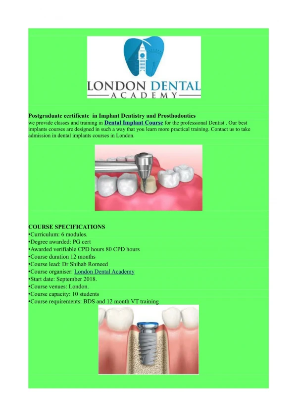 Postgraduate certificate in Implant Dentistry and Prosthodontics