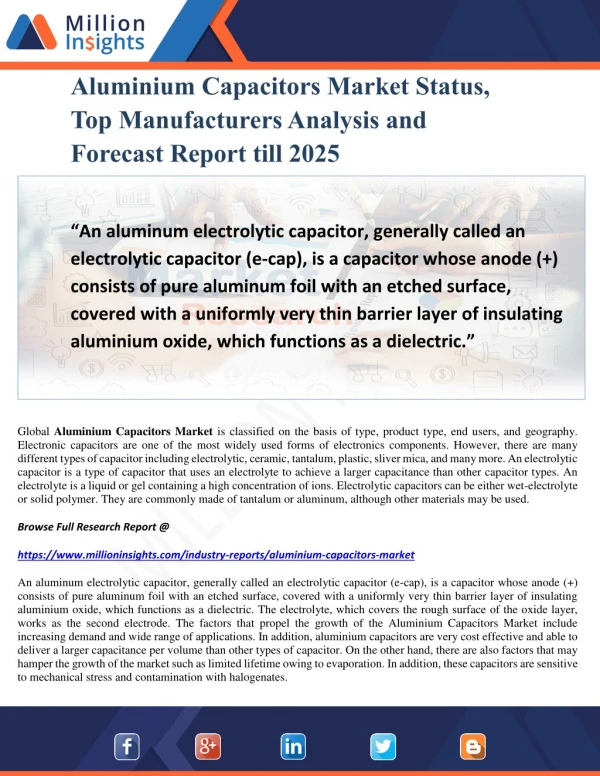 Aluminium Capacitors Market Status, Top Manufacturers Analysis and Forecast Report till 2025