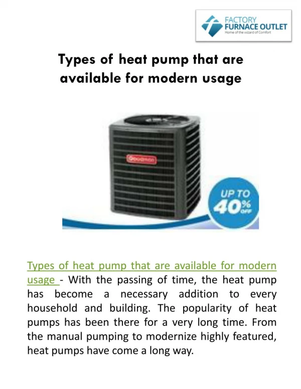 Types of heat pump that are available for modern usage