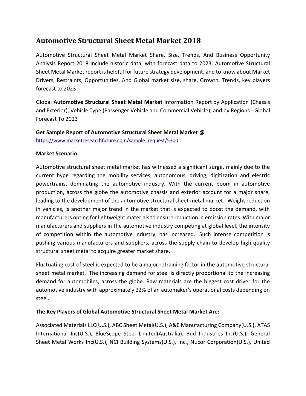 automotive structural sheet metal market 2018