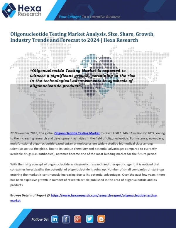 Global Oligonucleotide Testing Market Size, Analysis and Forecast to 2024