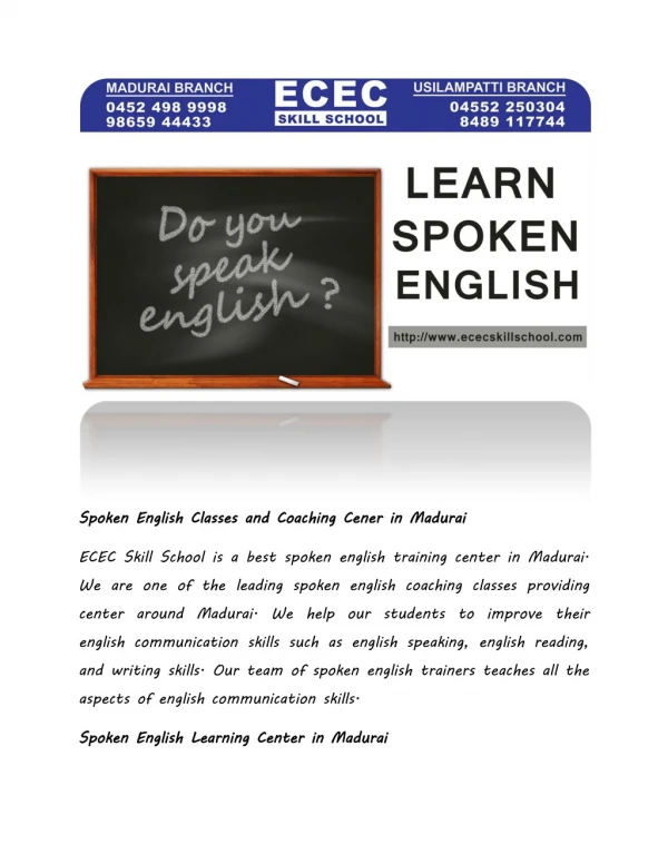 Spoken English Course, Classes and Coaching Cener in Madurai