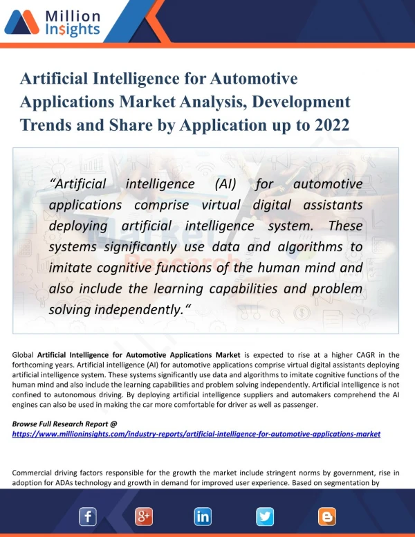 Artificial Intelligence for Automotive Applications Market Trends, Overview and Market Consumption Forecast to 2022