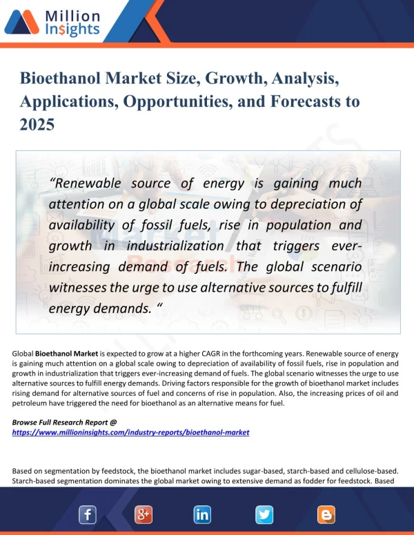Bioethanol Market Outlook 2018-2025 | Industry Analysis, Opportunities, Segmentation and Forecast