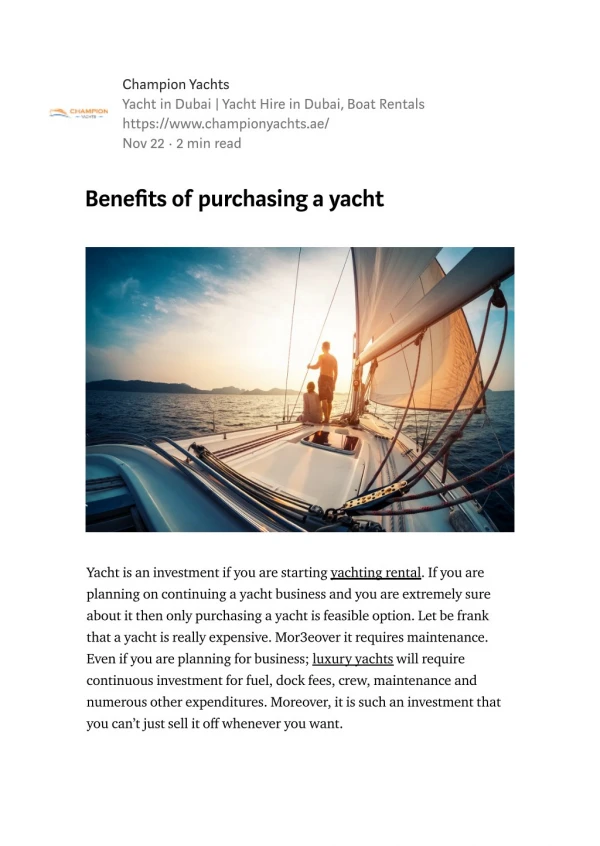 Benefits of purchasing a yacht